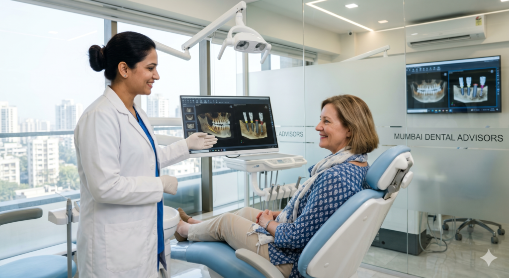 An international patient reviewing a 3D digital jaw scan with a top implantologist in Mumbai inside a modern dental clinic.