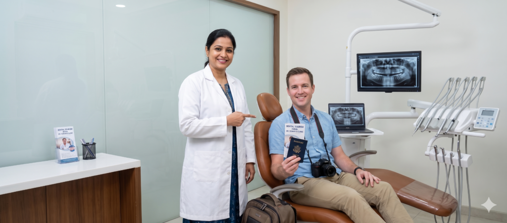 USA patient consulting for affordable full arch dental implants cost in India at a high-tech dental tourism clinic.