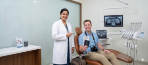 Blog 1 USA patient consulting for affordable full arch dental implants cost in India at a high-tech dental tourism clinic.