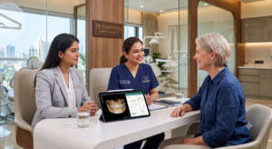 3D dental implant model and wellness elements representing integrated dental tourism by DTWDS and Trikaaya Care