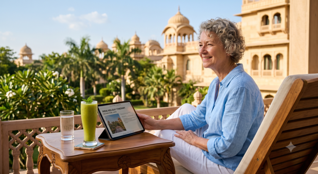 A traveler relaxing on a luxury resort balcony during a dental holiday in India, highlighting dental vacation recovery.