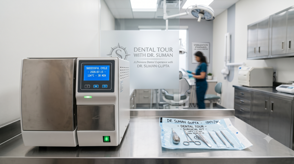 Sterile dental instruments in a sealed pouch next to a Class B autoclave, demonstrating safe dental tourism standards in India