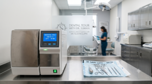 Sterile dental instruments in a sealed pouch next to a Class B autoclave, demonstrating safe dental tourism standards in India