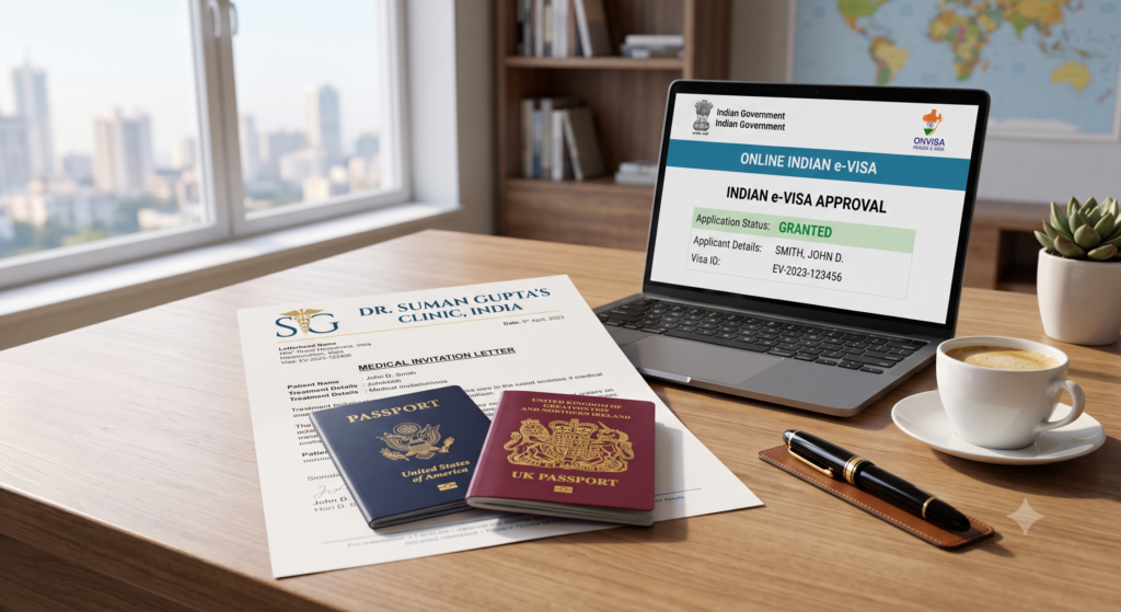 US and UK passports resting on a medical invitation letter next to a laptop showing an approved India e-Medical Visa for dental tourism.