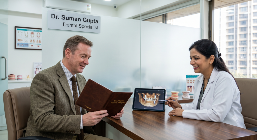 An international patient receiving an official global implant warranty passport inside a modern clinic with a wall board displaying Dr. Suman Gupta.